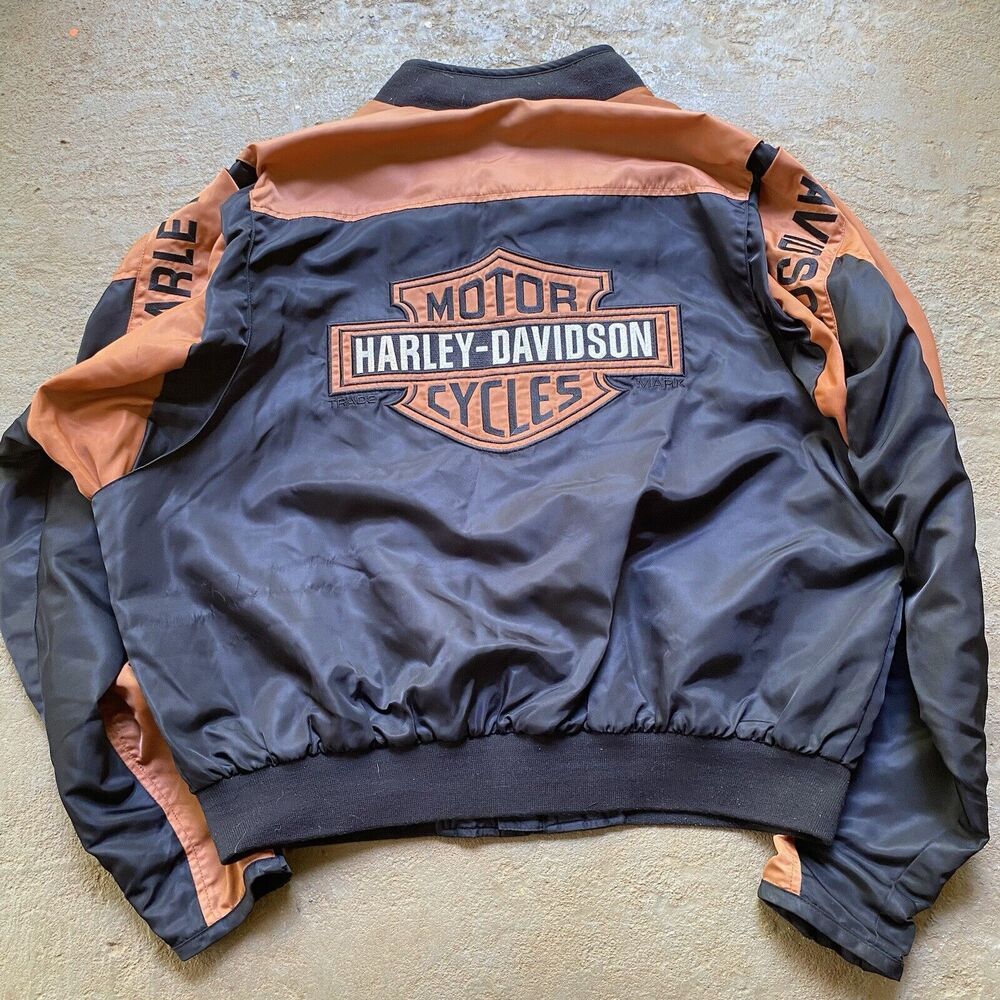 Harley Davidson Motorcycle Jacket Mens Size XL Nylon Black orange HD Logo 90s